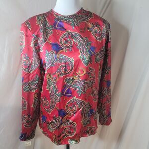 EJ Harper Blouse Women 8 Red Equestrian Paisley Satin Long Sleeve Novelty Print